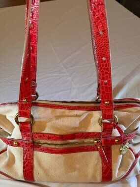 Brahmin Red Croc Embossed Leather & Canvas Satchel Tote Bag Gold Hardware Should